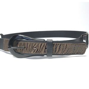 Chico's Women's Belt Medium Black Brown Leather Leopard Print Metal Accents